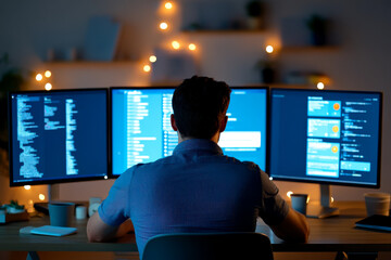 a person is working late on coding or software development with three large monitors displaying prog
