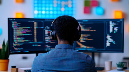 a person wearing headphones is focused on coding, working with two large monitors displaying colorfu