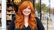 © mashimara - Radiant Ginger Hair: A portrait of a woman with luscious, long ginger hair styled in loose waves, parted to the side. Her warm smile and confident demeanor create an inviting image.