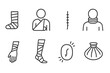 © Olha - Medical Recovery Icons. Line style icons of medical recovery: leg cast, arm sling, surgical scar, neck collar. bandage wrap,