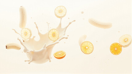  Milk splashes around floating banana slices, creating a dynamic and refreshing composition. The smooth texture of the liquid contrasts with the bright, ripe fruit, enhancing visual appeal.