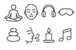 © Galina - Focus and Meditation Icons. Line style icons for focus and meditation: lotus pose, calm face, headphones, eye mask, zen stones,