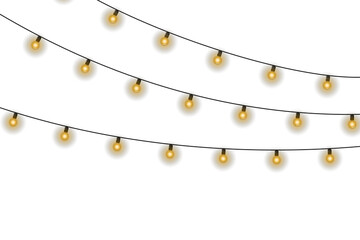 Wall Mural - Shiny garland outlines New Year banner. Circle of light forms magical border. Soft yellow bulbs hang on thread. Twilight glow fills joyful evening sky. 