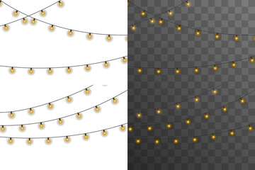 Wall Mural - Twinkling fairy lights glow in soft amber. Golden garland loops around festive corner. Warm bulbs dangle on celebration wire. Holiday sparkle brightens the dark scene.