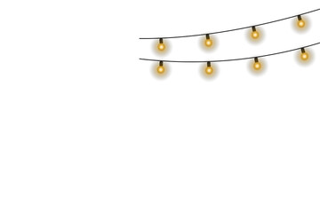 Wall Mural - Shiny garland outlines New Year banner. Circle of light forms magical border. Soft yellow bulbs hang on thread. Twilight glow fills joyful evening sky. 