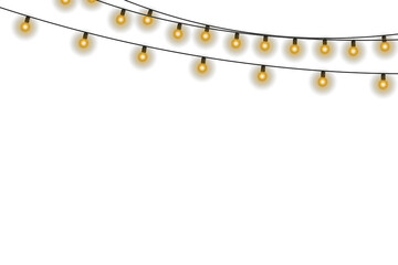 Wall Mural - Twinkling fairy lights glow in soft amber. Golden garland loops around festive corner. Warm bulbs dangle on celebration wire. Holiday sparkle brightens the dark scene.