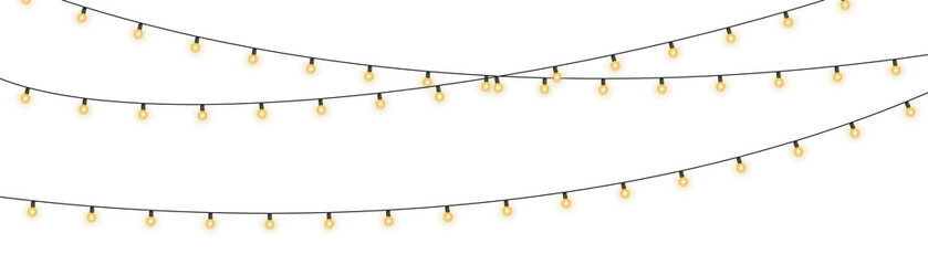 Wall Mural - Shiny garland outlines New Year banner. Circle of light forms magical border. Soft yellow bulbs hang on thread. Twilight glow fills joyful evening sky. 