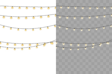 Wall Mural - Twinkling fairy lights glow in soft amber. Golden garland loops around festive corner. Warm bulbs dangle on celebration wire. Holiday sparkle brightens the dark scene.