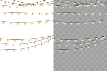 Wall Mural - Shiny garland outlines New Year banner. Circle of light forms magical border. Soft yellow bulbs hang on thread. Twilight glow fills joyful evening sky. 