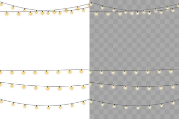 Wall Mural - Twinkling fairy lights glow in soft amber. Golden garland loops around festive corner. Warm bulbs dangle on celebration wire. Holiday sparkle brightens the dark scene.