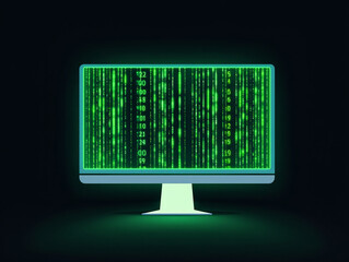 monitor displaying green digital code falling down against a dark background illustration