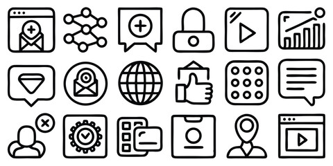 Collection of minimalist hand drawn icons representing web design and online communication