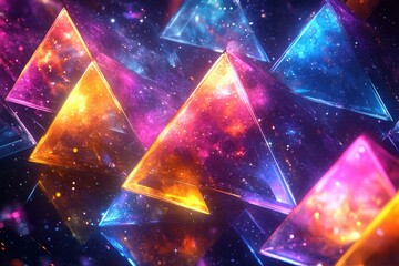 Wall Mural - Kaleidoscopic triangles with glowing, colorful cosmic textures create a dimensional visual experience
