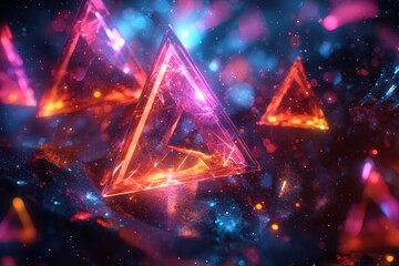 Wall Mural - Kaleidoscopic triangles with glowing, colorful cosmic textures create a dimensional visual experience