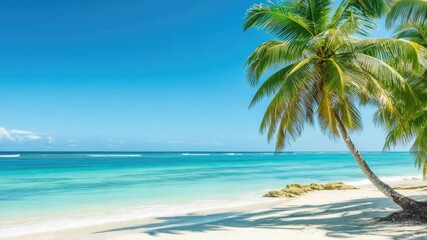 Wall Mural - Beach scene with palm trees and ocean background, suitable for travel or vacation theme