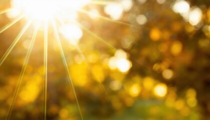 Wall Mural - warm golden sunlight bokeh with blurred autumn foliage and glowing rays ideal background for seasona