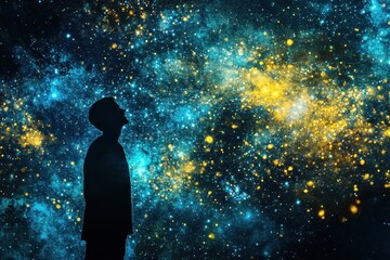 Wall Mural - Cosmic Starlight: Enchanting Night Sky with Silhouette of a Joyful Figure Amidst Vibrant Yellow and Blue Celestial Splendor