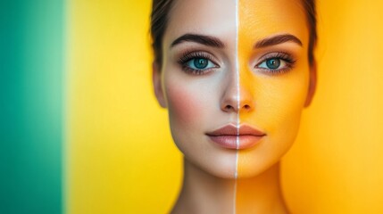 Wall Mural - stunning portrait divided into vibrant colors. explore duality in beauty with this captivating image