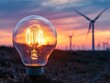 © Dariya - Glowing Lightbulb at Sunset with Wind Turbines in Background