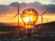 © Dariya - Glowing Lightbulb at Sunset with Wind Turbines in Background