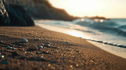Wall Mural - A close-up view of a sandy beach near the ocean, with waves and shore in focus