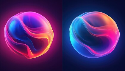 Wall Mural - vibrant dual abstract energy spheres with neon wave texture on dark gradient background for digital 