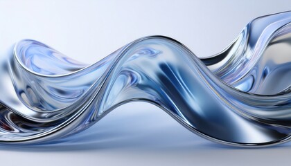 Wall Mural - flowing chrome blue metallic wave with reflective curves and glossy texture on white background, per