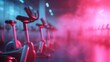 © svastix - An array of futuristic spinning bikes illuminated by vibrant neon lights in a dynamic gym environment, representing modern fitness culture and the energy of group workouts.