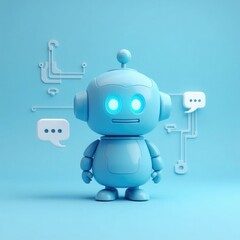 cute blue robot with chat bubbles on light blue background