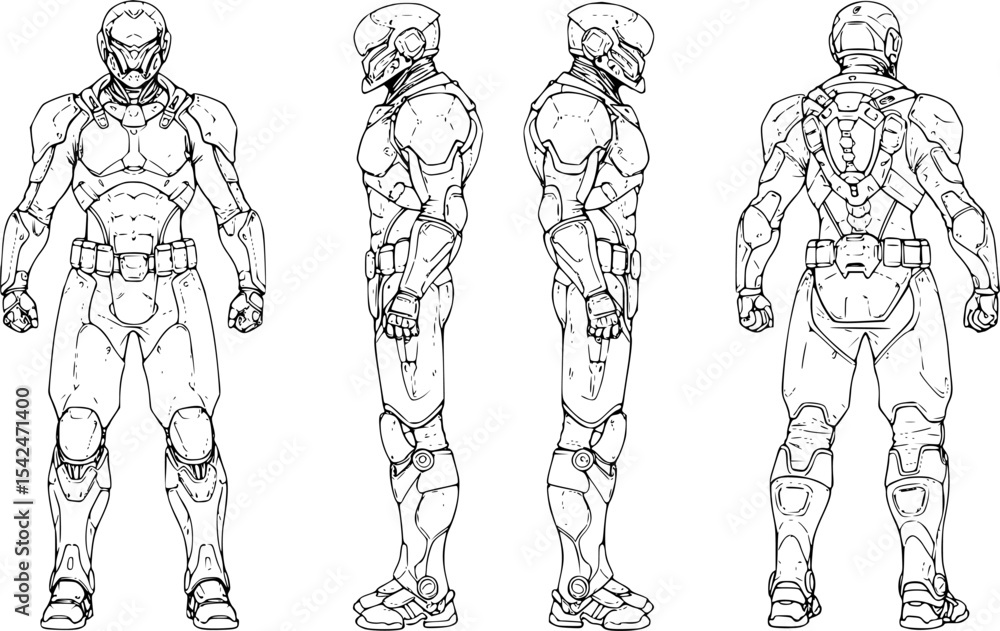 Sci-Fi Armor blueprint shows full body suit design with front, side and ...