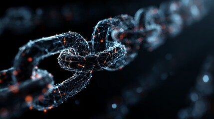 A digital chain link with a network of connections and glowing orange points on a dark background