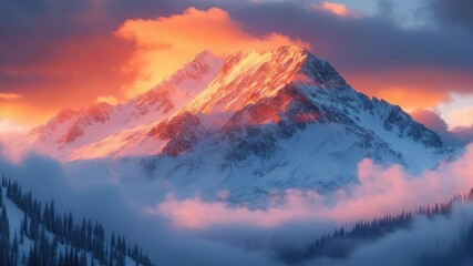 Wall Mural - Stunning sunset over snow-capped mountains with clouds, majestic winter scene