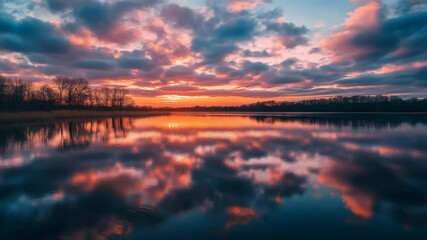 Wall Mural - Vibrant sunset with colorful clouds reflecting over calm lake waters