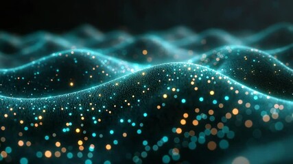 Wall Mural - Waves of glowing particles in a dark space, 3d rendering of digital technology