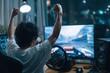 © LimeSky - Asian male esports player triumphs in an online car simulation game celebrating his win
