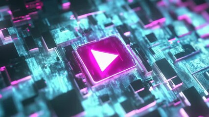 Wall Mural - Glowing play button on a digital circuit board with neon pink and blue hues