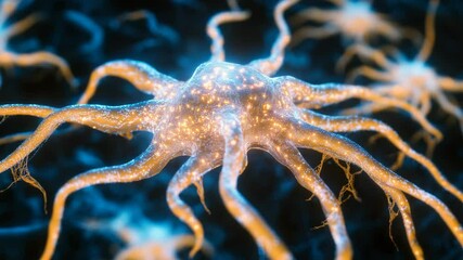 Wall Mural - Glowing blue neuron with intricate branches emitting golden light, digital artwork