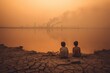 © LimeSky - Concept of climate change and global warming Kids by a drying lake under an orange sky due to pollution