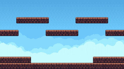 Wall Mural - game level with pixel art brick platforms against a blue sky. retro video game background for 8-bit 