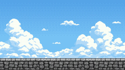 Wall Mural - pixelated stone wall and blue sky with white clouds. retro video game background concept for game de
