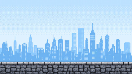 Wall Mural - pixel art game level with a city silhouette and a stone wall platform. retro video game background w