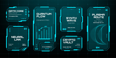 Futuristic hud vector graphics elements showcasing data core, quantum flow, and crypto vault interfaces for digital information display.