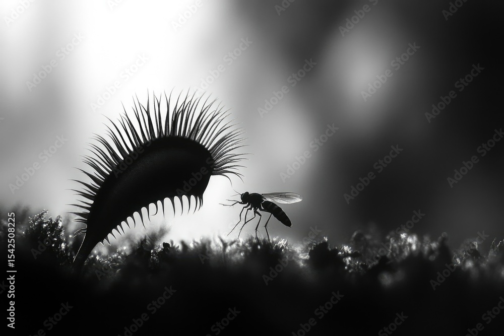 Dramatic monochrome image of a Venus flytrap poised to capture an ...