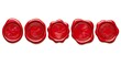 © Ray - Five red wax seals in a row, each with a different design, against a white background.