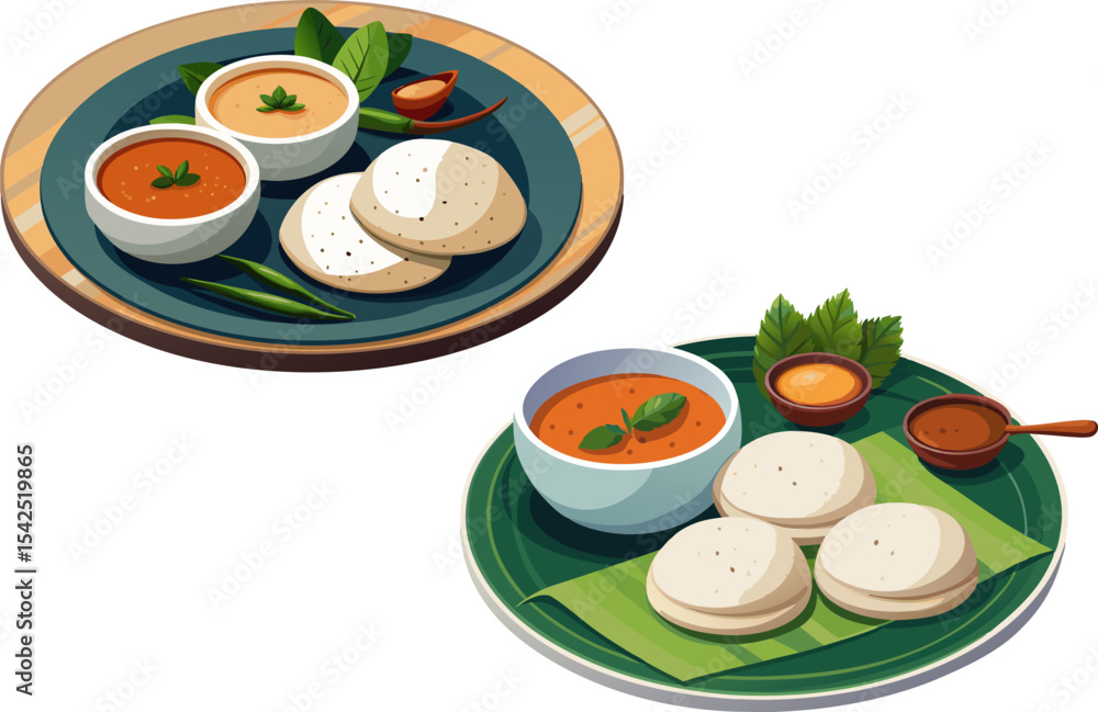 Plain idli with coconut chutney and sambar, white background Stock ...