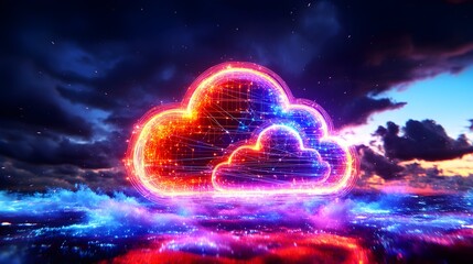 Glowing cloud network over cityscape at night
