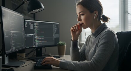 Focused female programmer working diligently at her desk with dual monitors displaying lines of code, showcasing modern software development