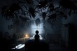 © MMerellinn - Night fear scene: Child in bedroom stares at wall shadow, monster shape appears, symbolizing nightmare, sleep anxiety, bedtime worry, dream fright, darkness illusion, imagination terror, silent dread