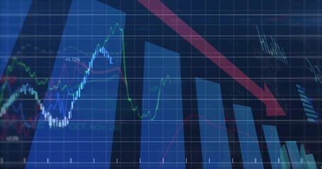 Wall Mural - On animation start chart bars filling arrow sloping and lines fluctuating showing market trends