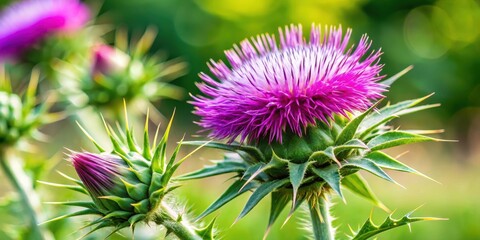 Wall Mural - Close-up of milk thistle plant in selective focus, with detailed leaves and seeds, nature